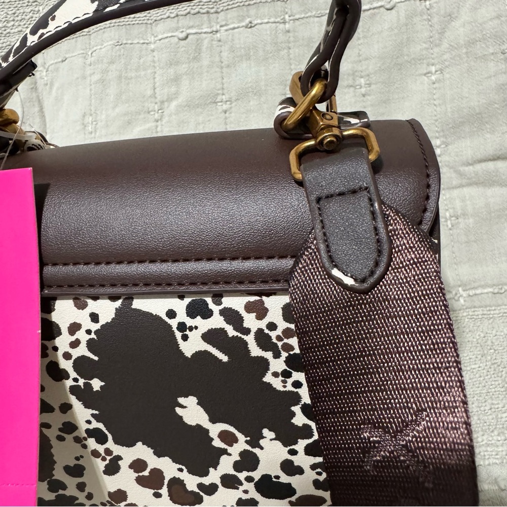 Betsey Johnson Western Brown & Black Cow Crossbody Bag with Heart Accents Charms - Picture 5 of 16